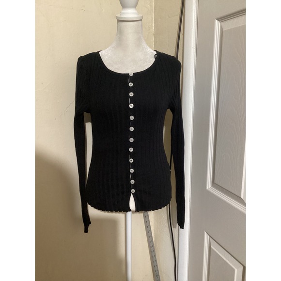 Free People Black Tilly Ribbed Button Up Long Sleeve Top M - Picture 2 of 8